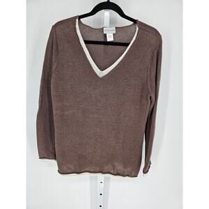 Soft Surrounding Women's V-neck Brown White Neckline Linen Top Size L
